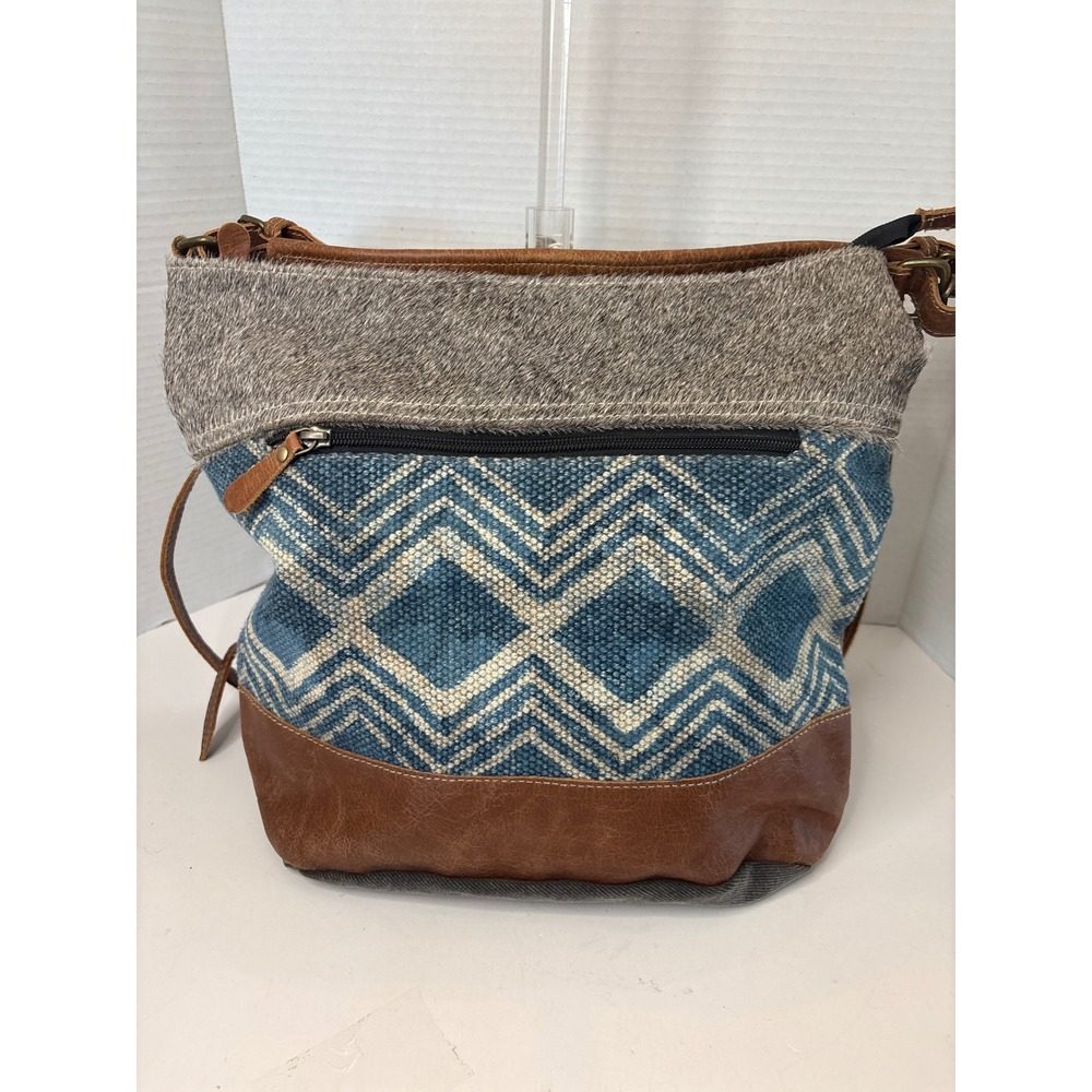 Myra Bag Canvas Cowhide Leather Shoulder Bag Blue Chevron Geometric Boho S-1532